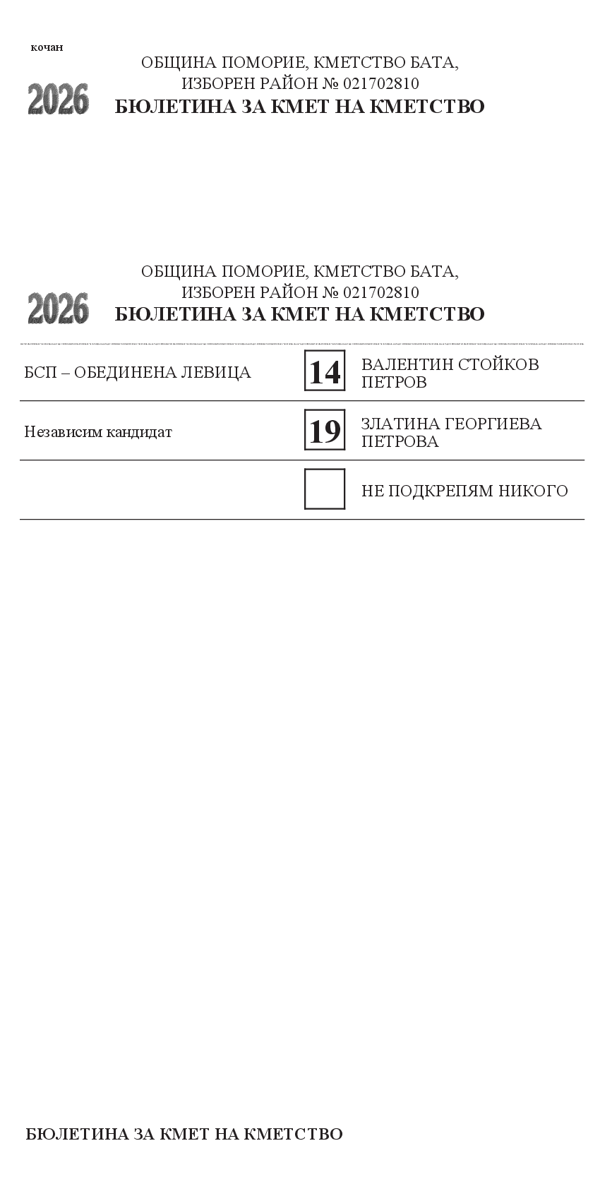 Бюлетина село Бата 21.06.2026 г.